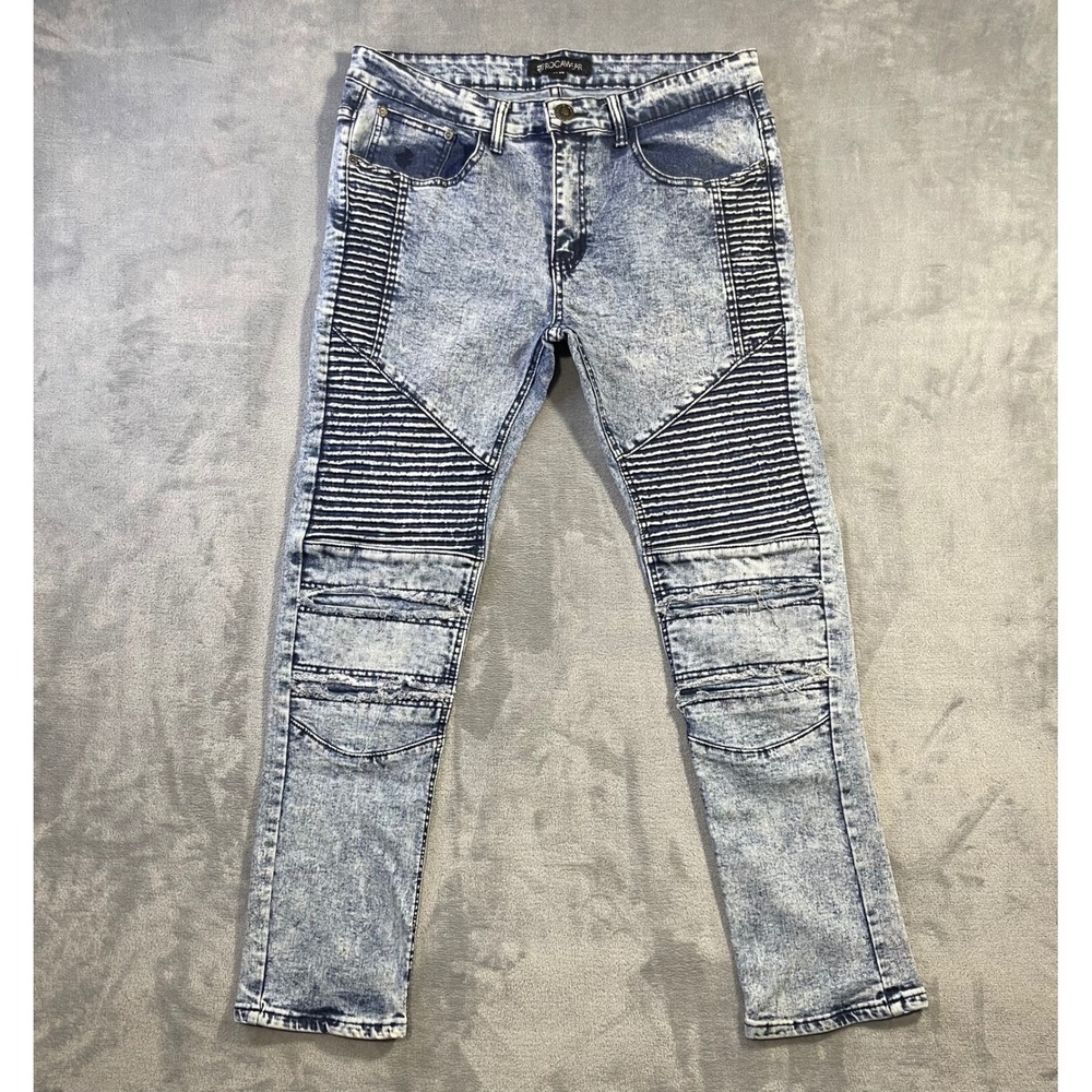 Rocawear Mens Biker Moto Jeans 34 Blue Acid Wash Distressed